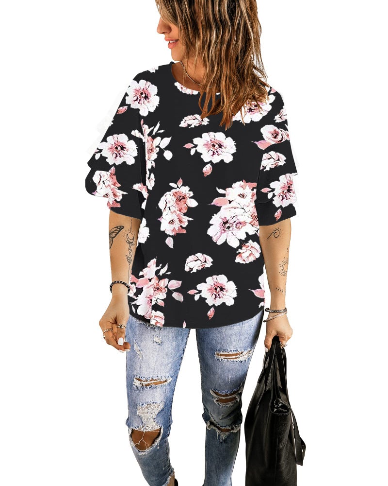 luvamia Women's Casual 3/4 Tiered Bell Sleeve Crewneck Loose Tops Blouses Shirt D Floral Print Black Size L - Image 5